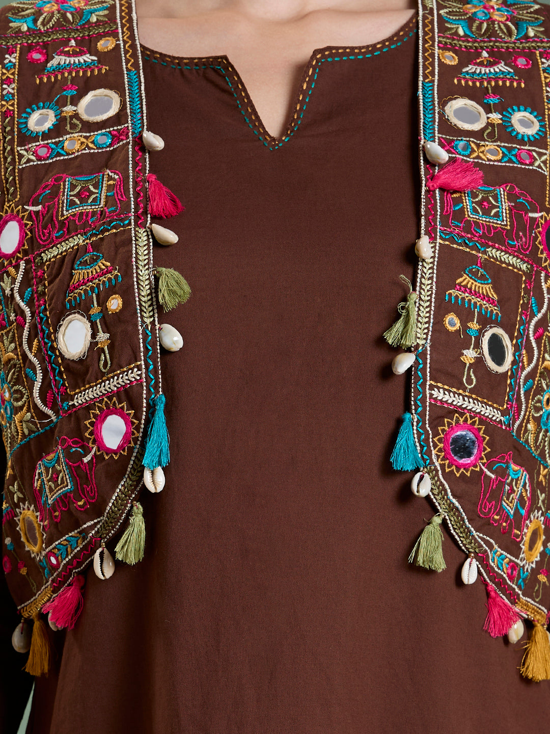 Solid Straight Fit Cotton Kurta with Pant & Mirror Work Sleeveless Jacket - Brown
