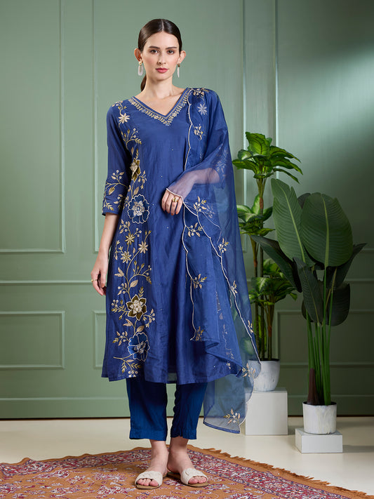 Solid Floral Embroidered Anarkali with Pant & Scalloped Dupatta - Blue