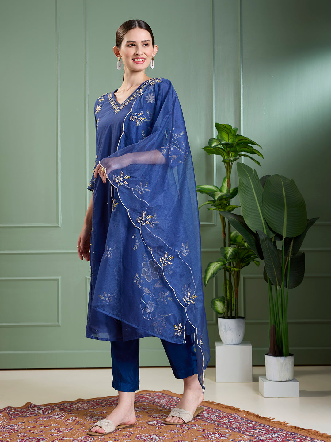 Solid Floral Embroidered Anarkali with Pant & Scalloped Dupatta - Blue