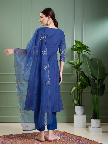 Solid Floral Embroidered Anarkali with Pant & Scalloped Dupatta - Blue