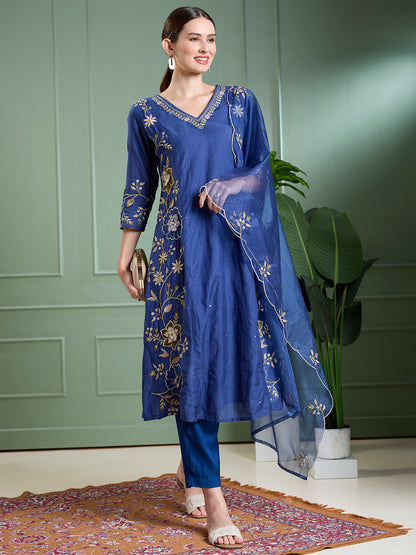 Solid Floral Embroidered Anarkali with Pant & Scalloped Dupatta - Blue
