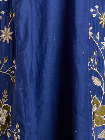 Solid Floral Embroidered Anarkali with Pant & Scalloped Dupatta - Blue