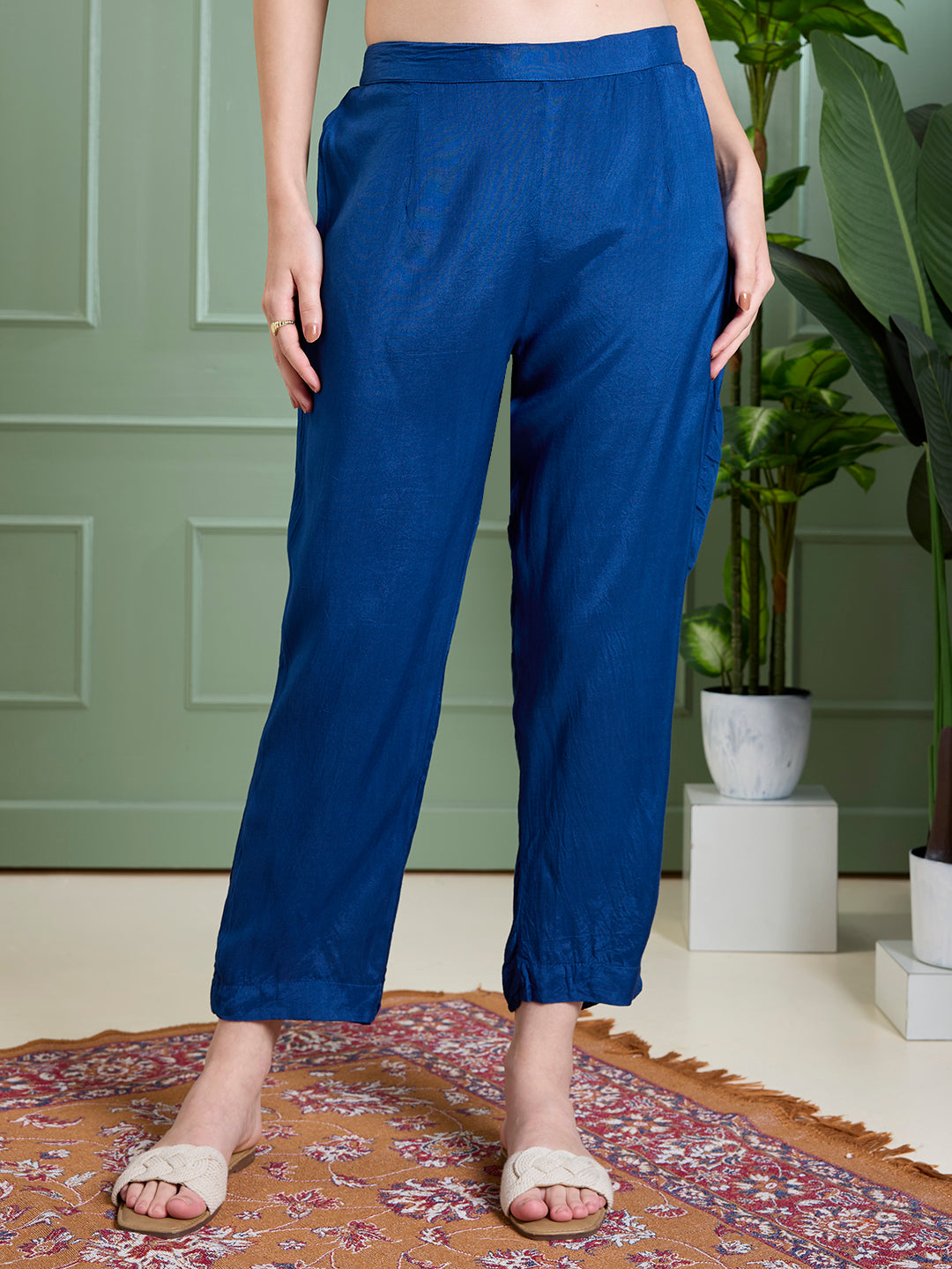 Solid Floral Embroidered Anarkali with Pant & Scalloped Dupatta - Blue