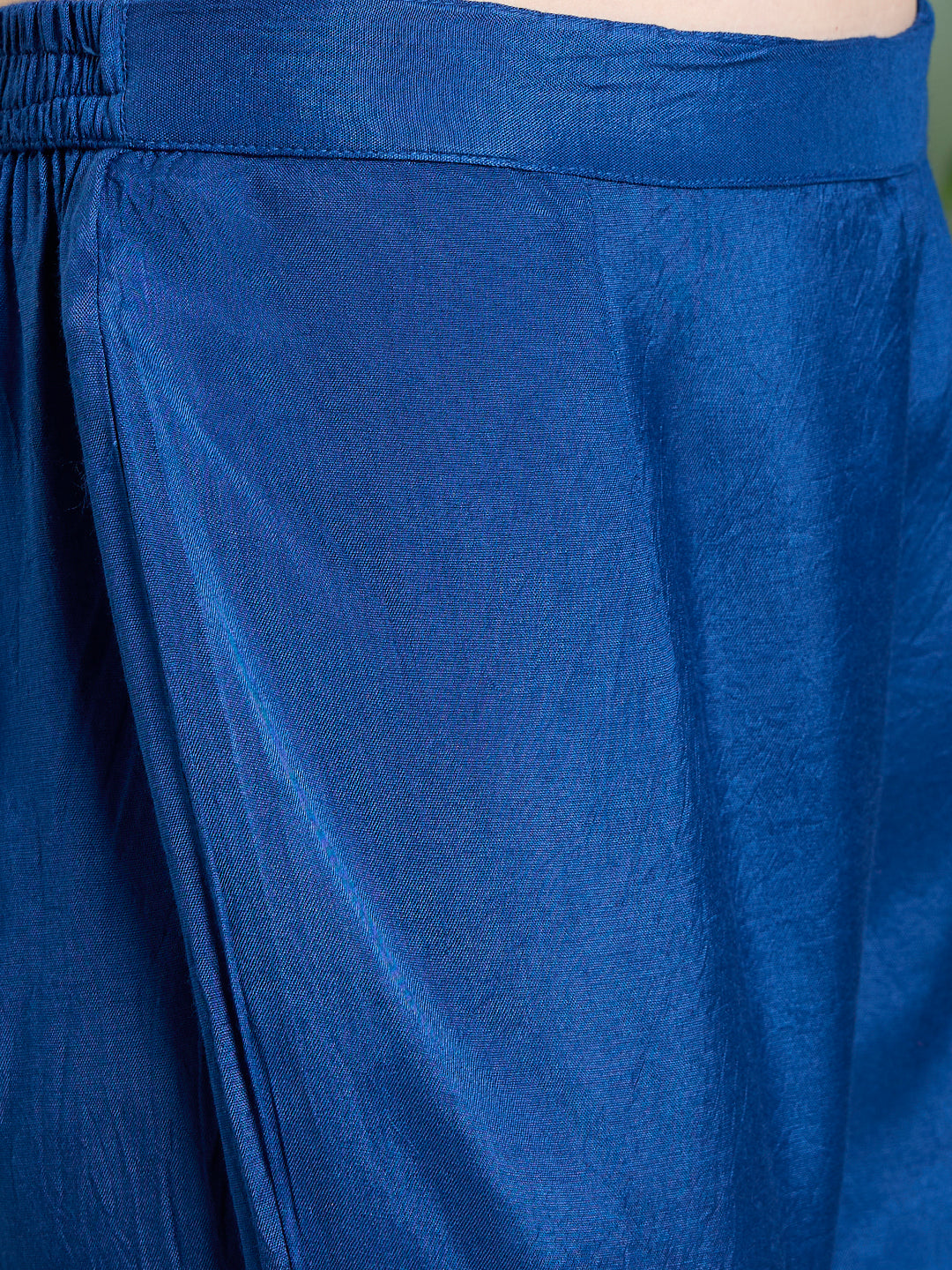 Solid Floral Embroidered Anarkali with Pant & Scalloped Dupatta - Blue