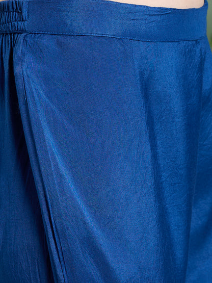 Solid Floral Embroidered Anarkali with Pant & Scalloped Dupatta - Blue