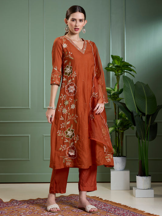 Solid Floral Embroidered Anarkali with Pant & Scalloped Dupatta - Rust