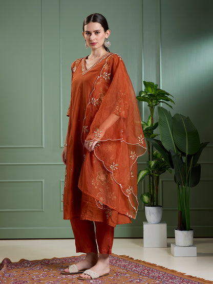 Solid Floral Embroidered Anarkali with Pant & Scalloped Dupatta - Rust