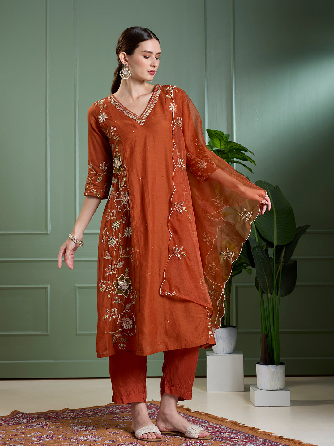 Solid Floral Embroidered Anarkali with Pant & Scalloped Dupatta - Rust