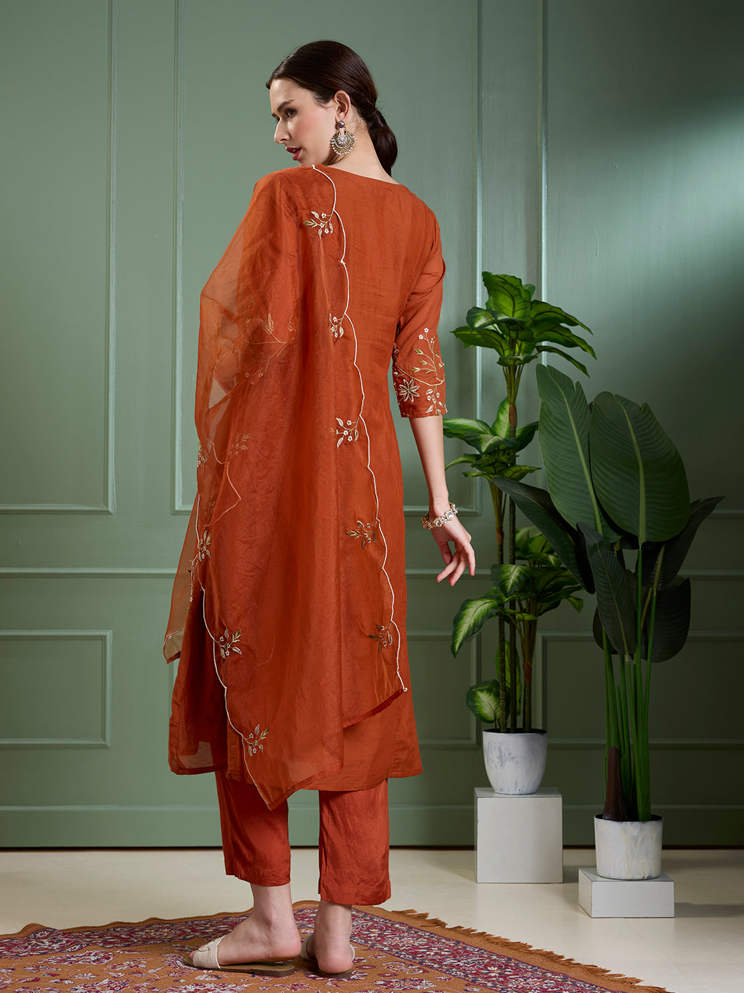 Solid Floral Embroidered Anarkali with Pant & Scalloped Dupatta - Rust
