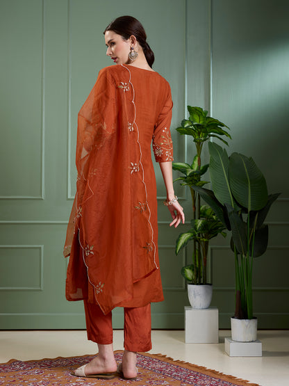 Solid Floral Embroidered Anarkali with Pant & Scalloped Dupatta - Rust