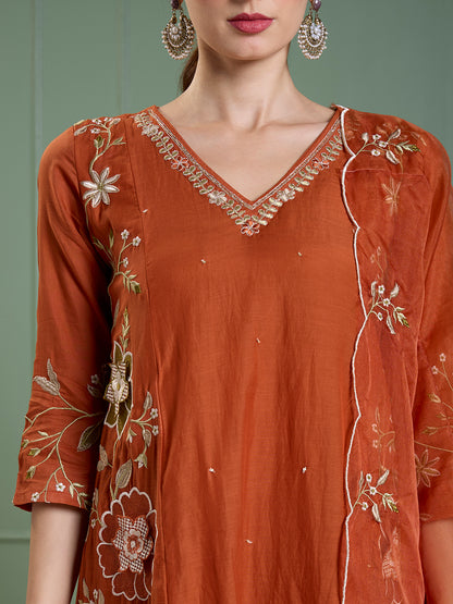 Solid Floral Embroidered Anarkali with Pant & Scalloped Dupatta - Rust