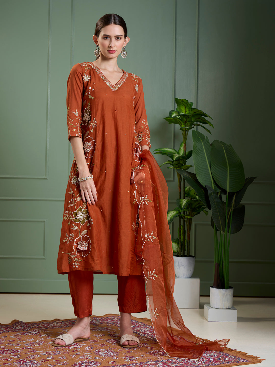 Solid Floral Embroidered Anarkali with Pant & Scalloped Dupatta - Rust