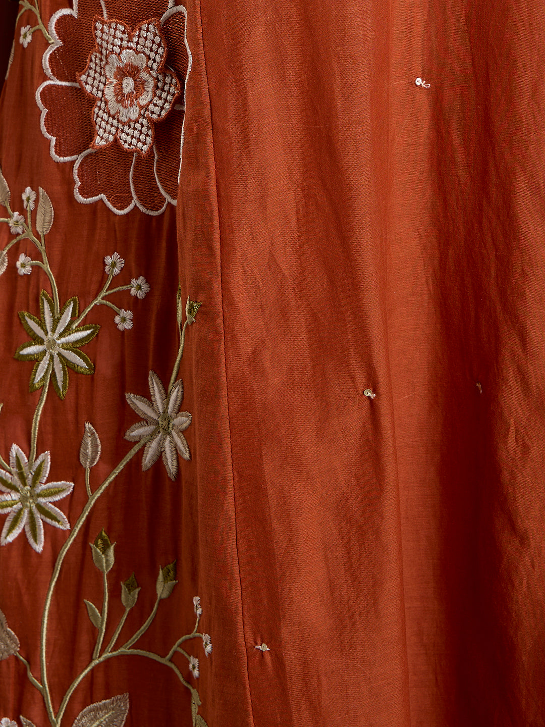 Solid Floral Embroidered Anarkali with Pant & Scalloped Dupatta - Rust
