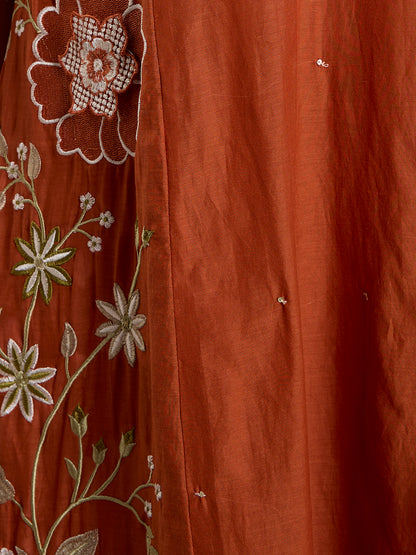 Solid Floral Embroidered Anarkali with Pant & Scalloped Dupatta - Rust