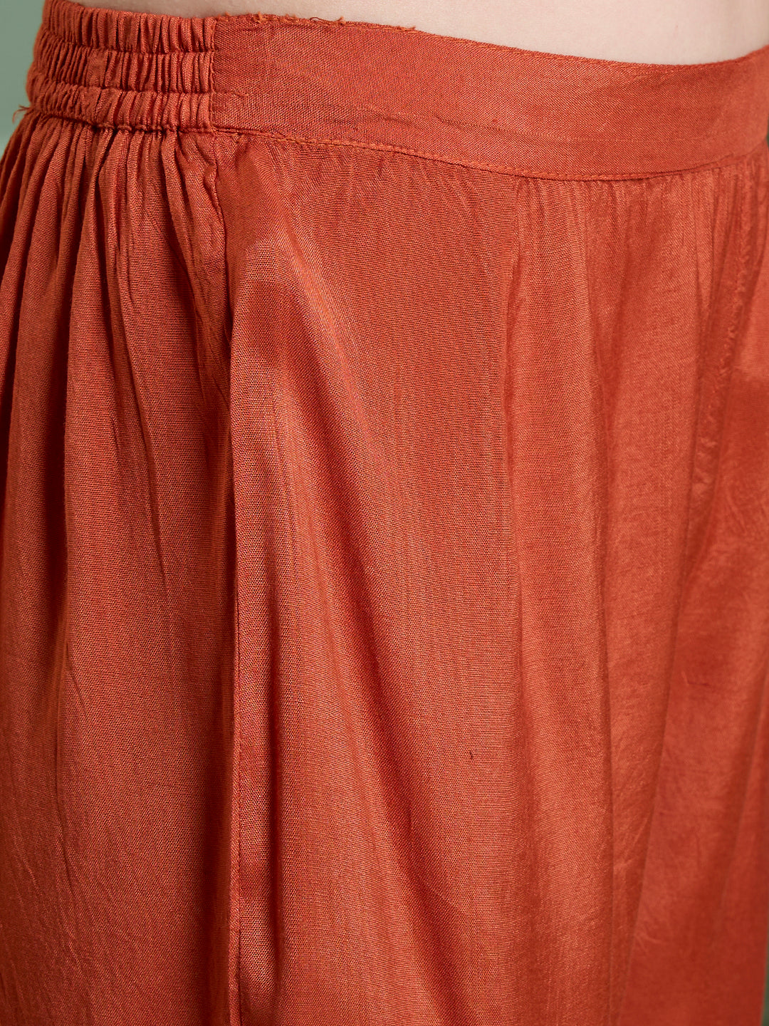 Solid Floral Embroidered Anarkali with Pant & Scalloped Dupatta - Rust