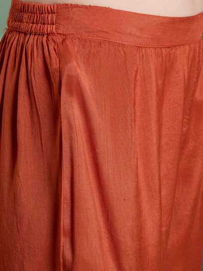 Solid Floral Embroidered Anarkali with Pant & Scalloped Dupatta - Rust
