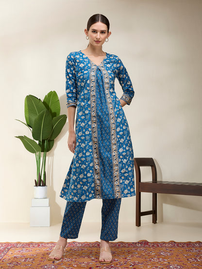 Floral Printed A-Line Flared Kurta with Pant - Blue