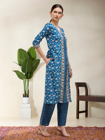 Floral Printed A-Line Flared Kurta with Pant - Blue
