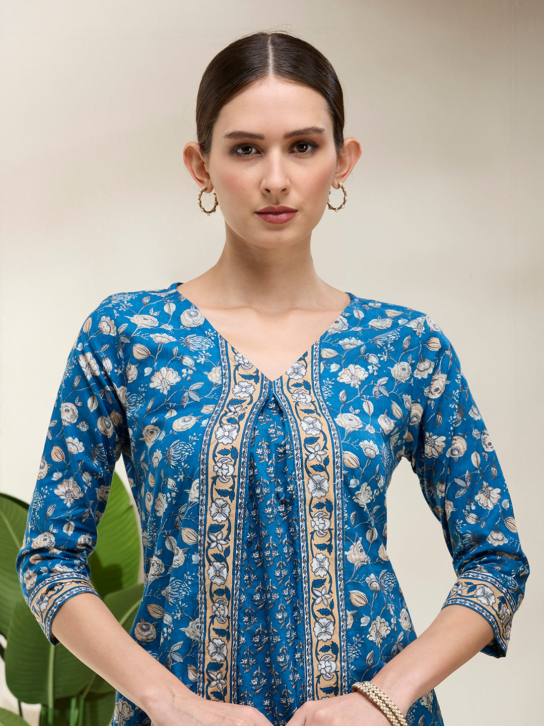 Floral Printed A-Line Flared Kurta with Pant - Blue
