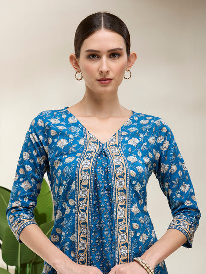 Floral Printed A-Line Flared Kurta with Pant - Blue