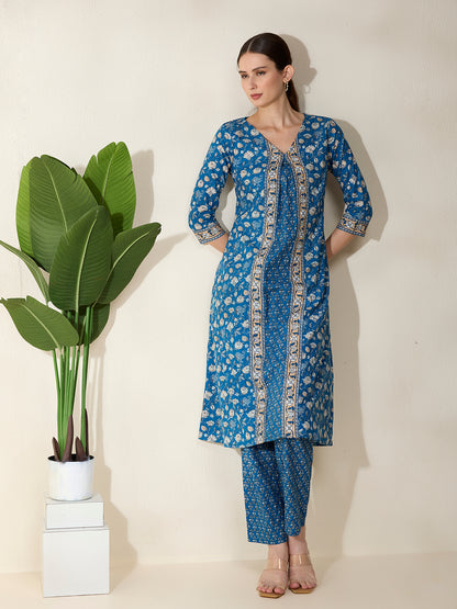 Floral Printed A-Line Flared Kurta with Pant - Blue