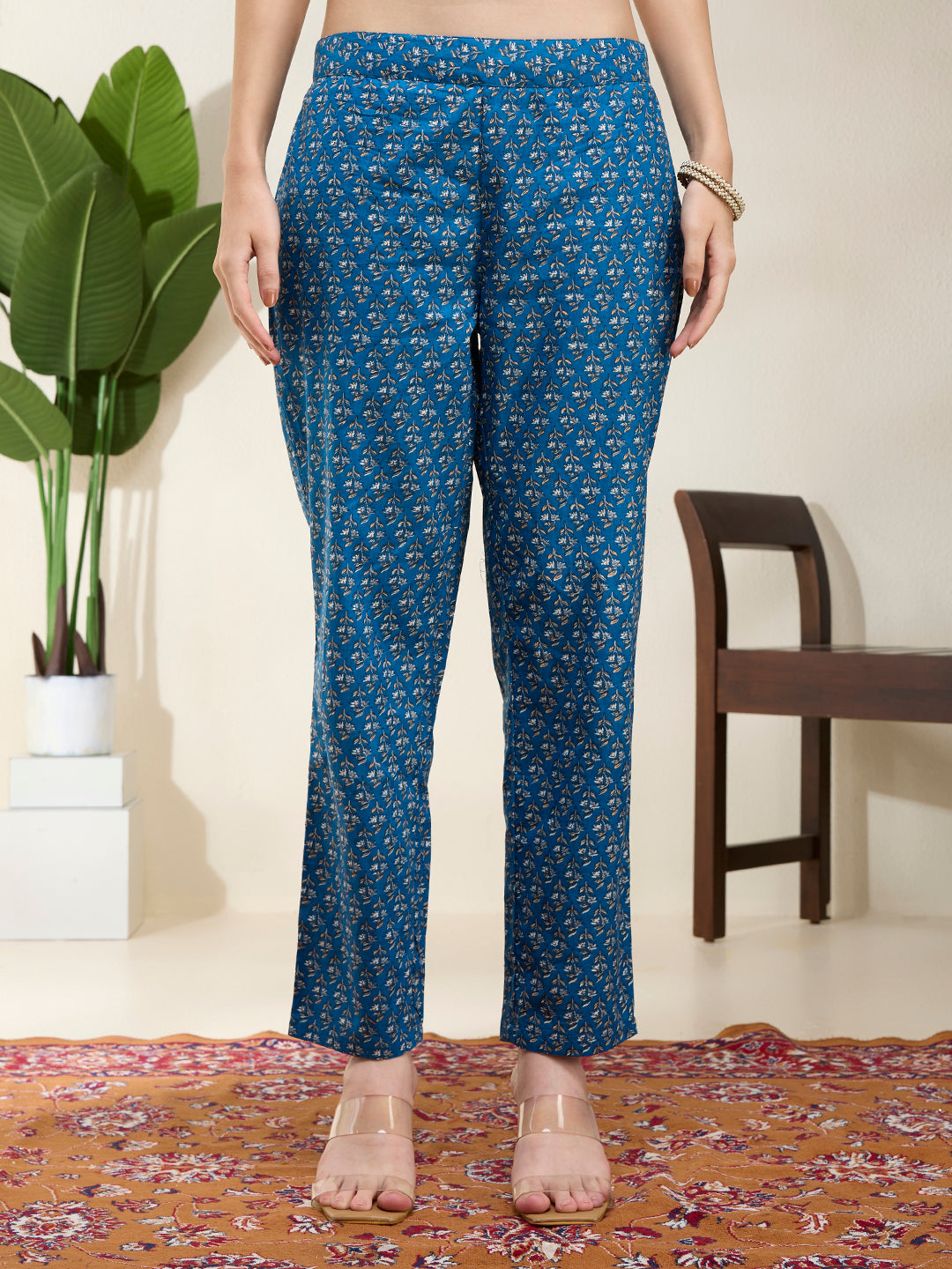 Floral Printed A-Line Flared Kurta with Pant - Blue