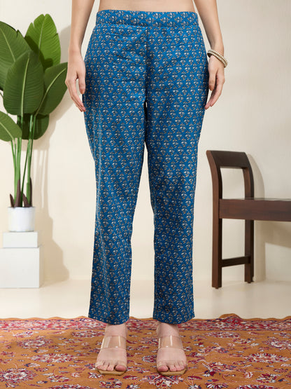 Floral Printed A-Line Flared Kurta with Pant - Blue