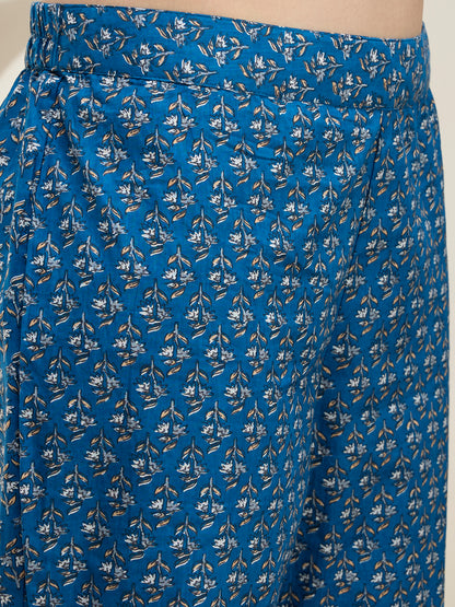 Floral Printed A-Line Flared Kurta with Pant - Blue