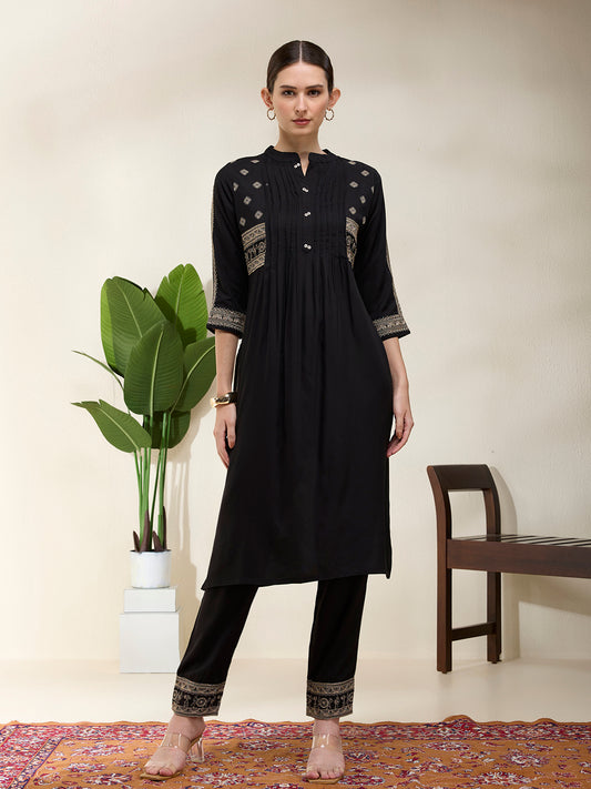 Solid Floral Threadwork Embroidered A-Line Kurta with Pant - Black