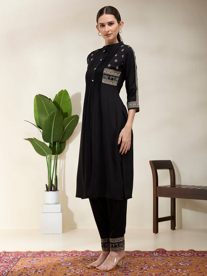 Solid Floral Threadwork Embroidered A-Line Kurta with Pant - Black