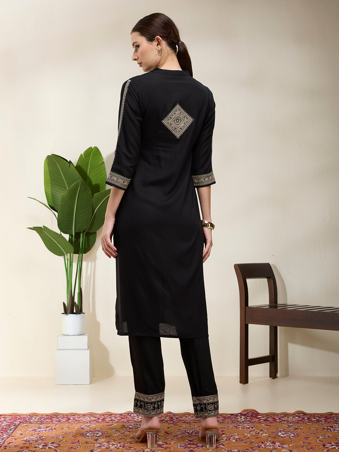 Solid Floral Threadwork Embroidered A-Line Kurta with Pant - Black