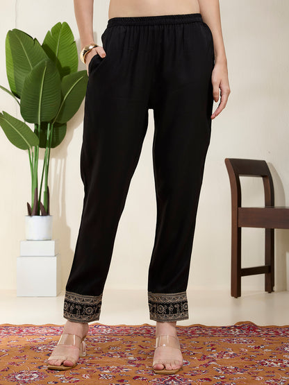Solid Floral Threadwork Embroidered A-Line Kurta with Pant - Black