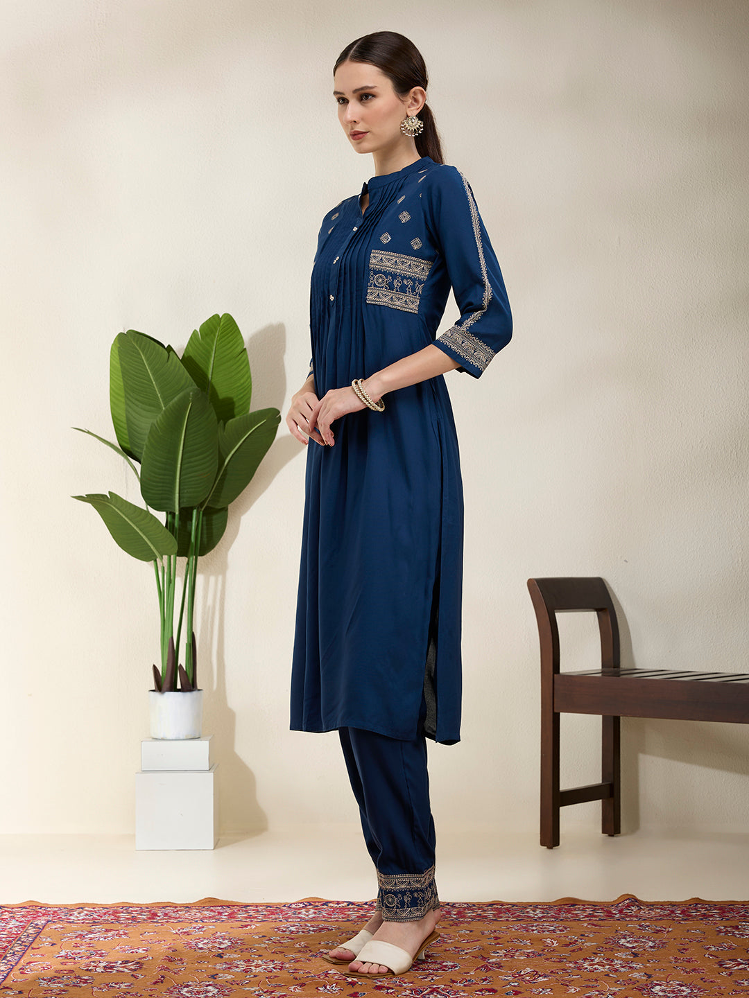 Solid Floral Threadwork Embroidered A-Line Kurta with Pant - Teal Blue