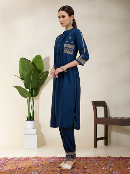 Solid Floral Threadwork Embroidered A-Line Kurta with Pant - Teal Blue