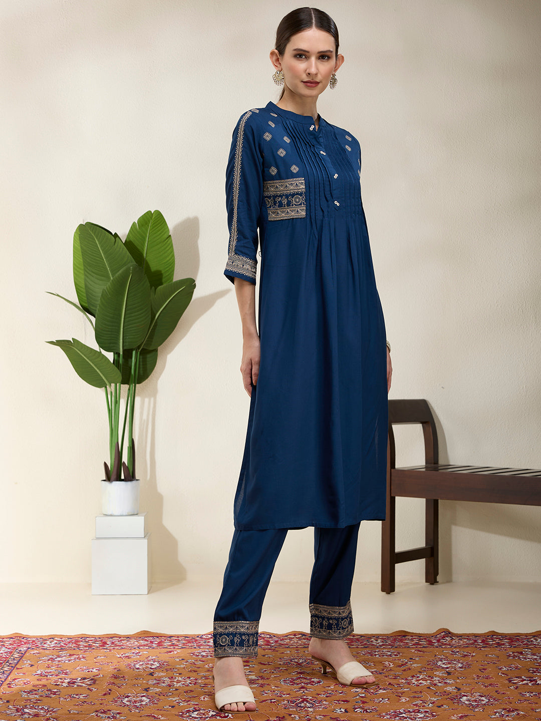 Solid Floral Threadwork Embroidered A-Line Kurta with Pant - Teal Blue
