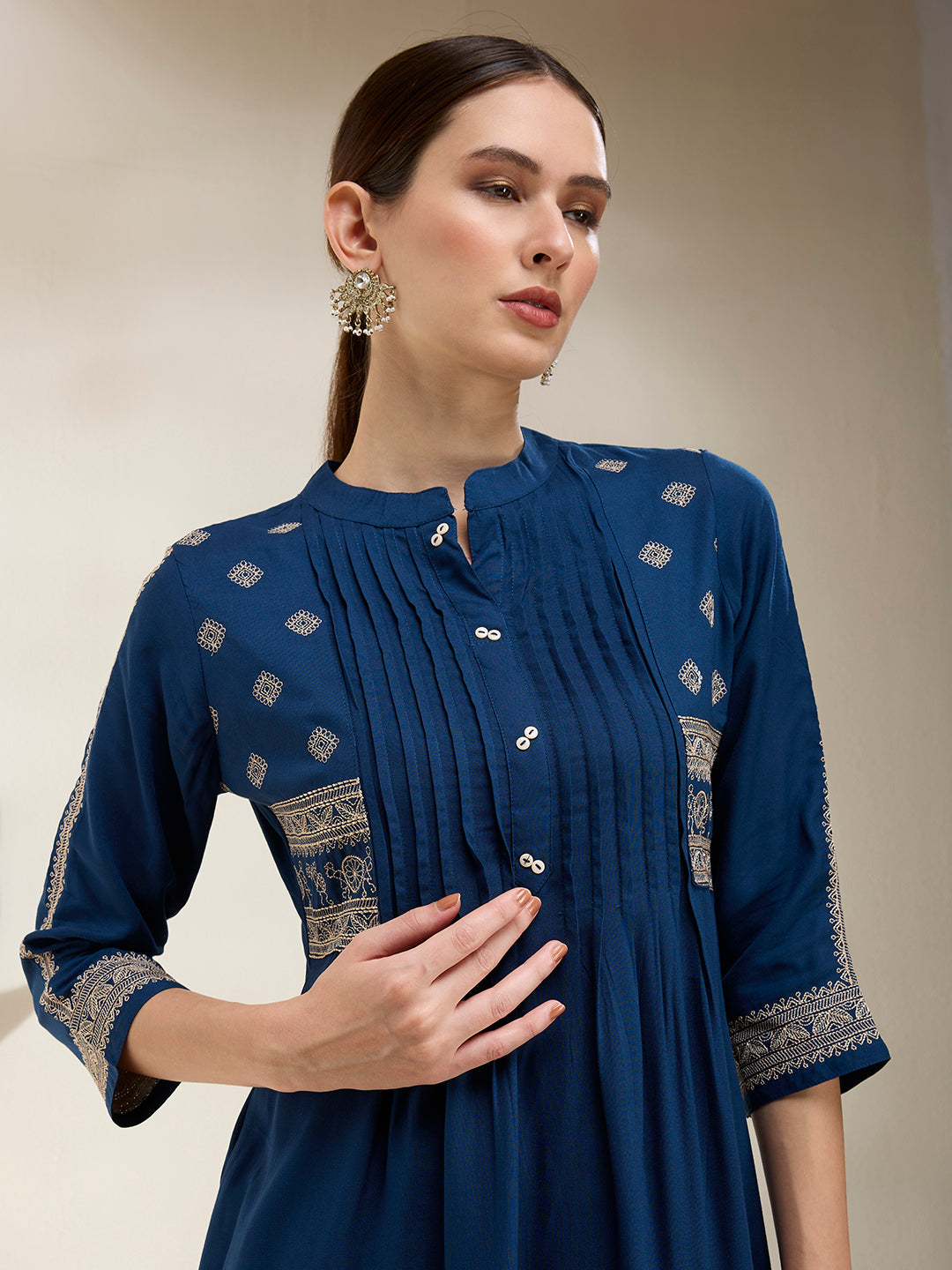 Solid Floral Threadwork Embroidered A-Line Kurta with Pant - Teal Blue