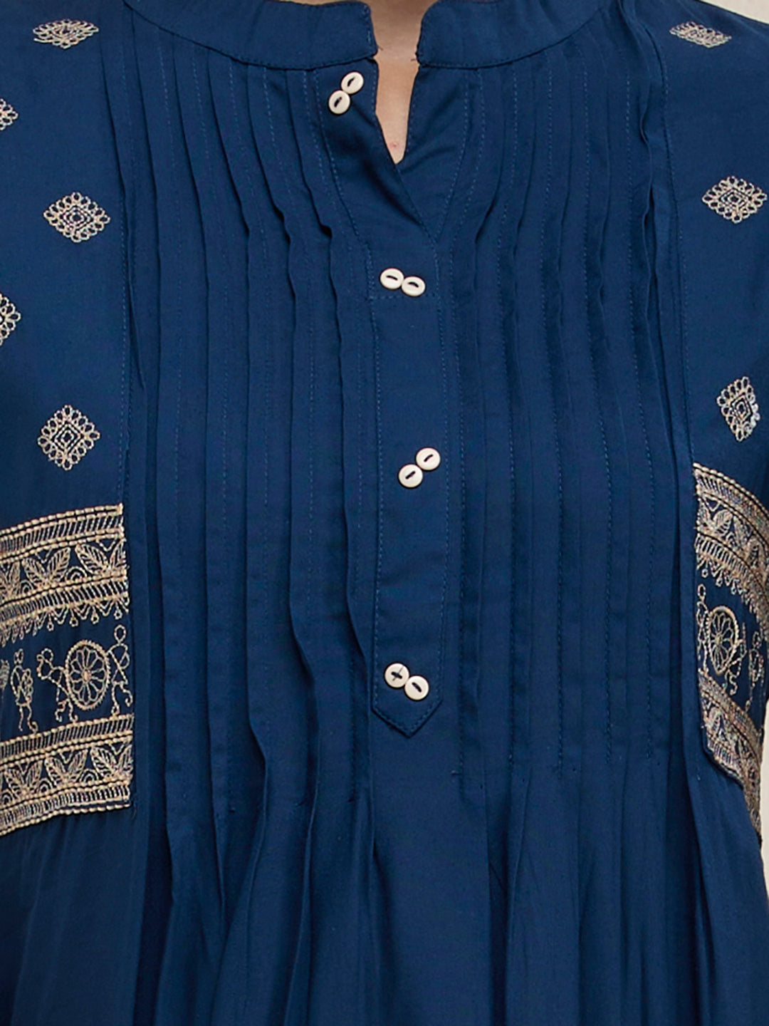 Solid Floral Threadwork Embroidered A-Line Kurta with Pant - Teal Blue