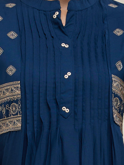 Solid Floral Threadwork Embroidered A-Line Kurta with Pant - Teal Blue