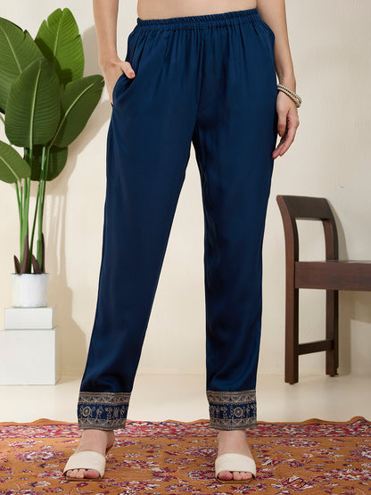 Solid Floral Threadwork Embroidered A-Line Kurta with Pant - Teal Blue