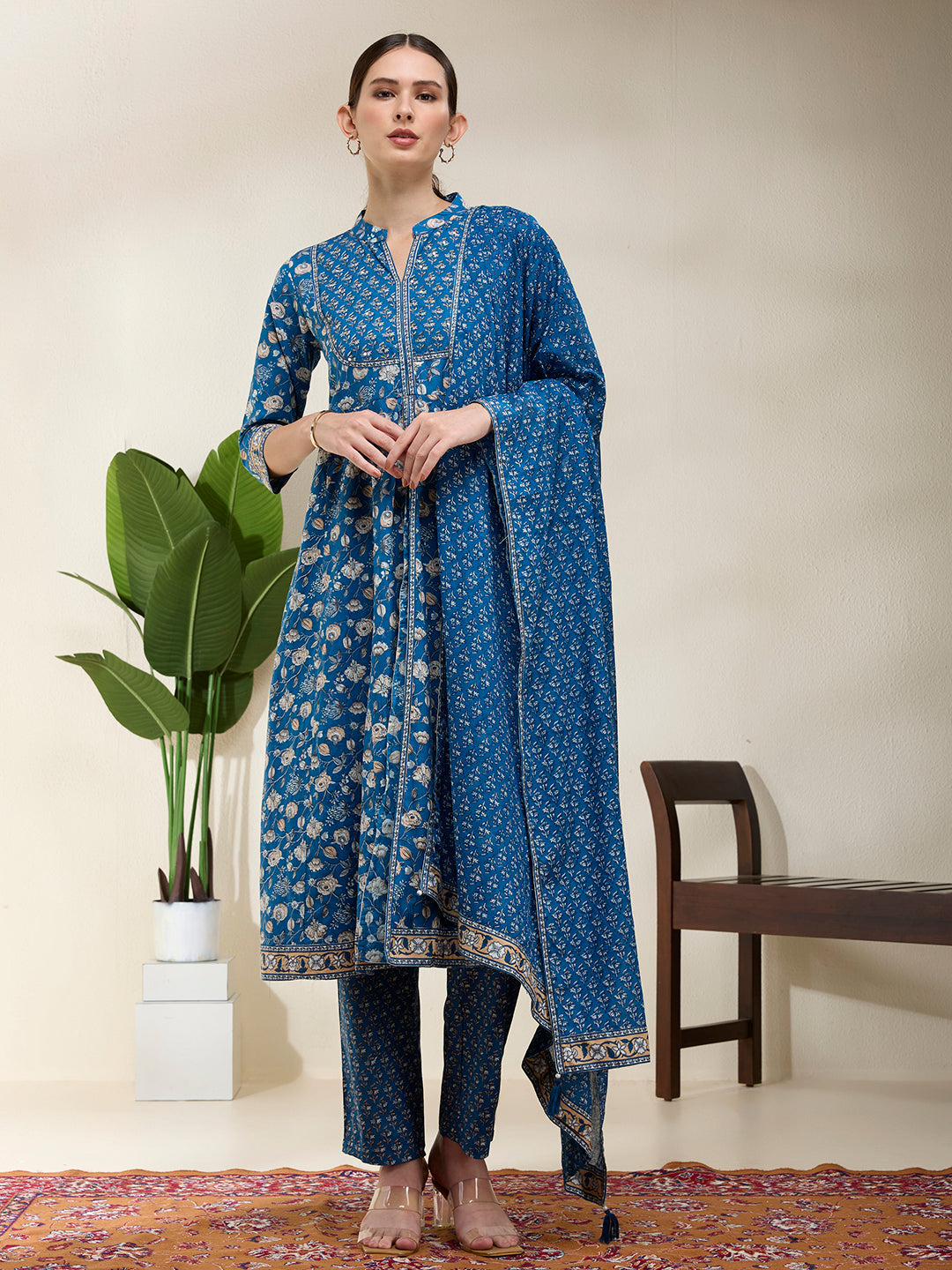 Ethnic Floral Printed A-Line Kurta with Pant & Dupatta - Blue
