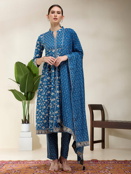 Ethnic Floral Printed A-Line Kurta with Pant & Dupatta - Blue