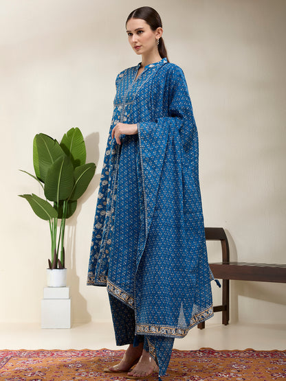 Ethnic Floral Printed A-Line Kurta with Pant & Dupatta - Blue