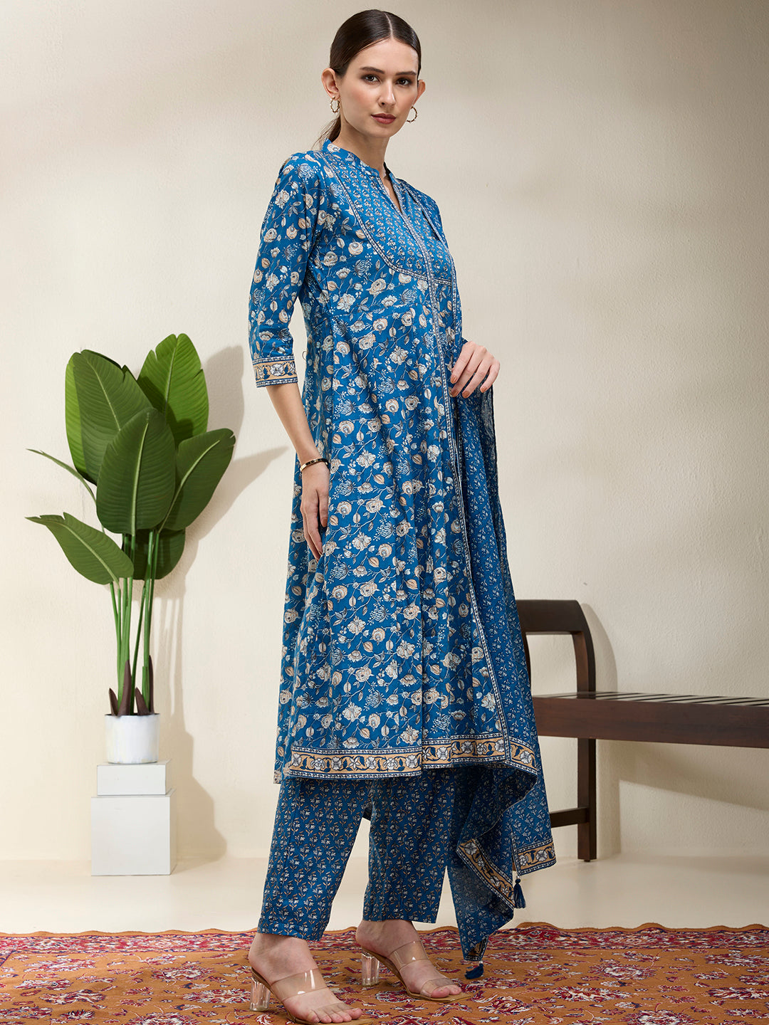 Ethnic Floral Printed A-Line Kurta with Pant & Dupatta - Blue