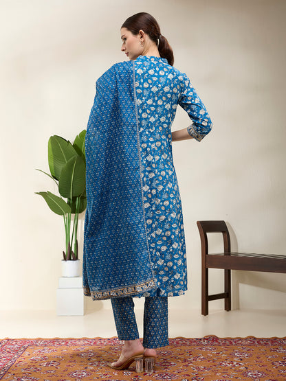 Ethnic Floral Printed A-Line Kurta with Pant & Dupatta - Blue