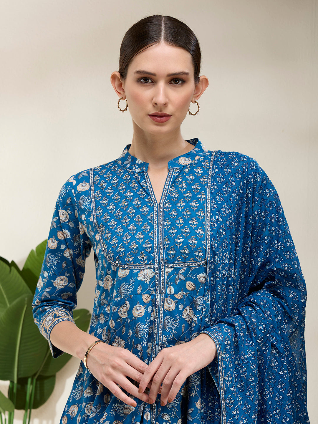 Ethnic Floral Printed A-Line Kurta with Pant & Dupatta - Blue