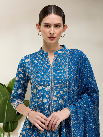 Ethnic Floral Printed A-Line Kurta with Pant & Dupatta - Blue