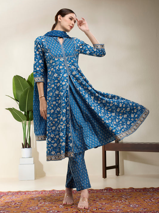 Ethnic Floral Printed A-Line Kurta with Pant & Dupatta - Blue