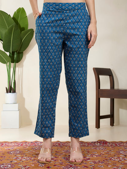Ethnic Floral Printed A-Line Kurta with Pant & Dupatta - Blue