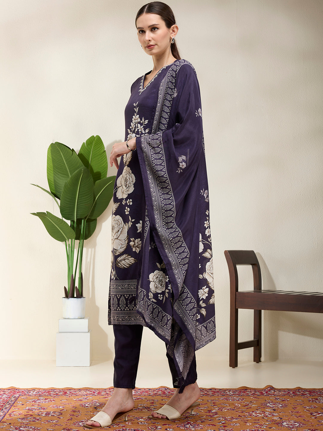 Floral Printed & Embroidered Straight Kurta with Pant & Dupatta - Navy Blue
