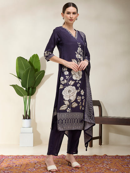 Floral Printed & Embroidered Straight Kurta with Pant & Dupatta - Navy Blue